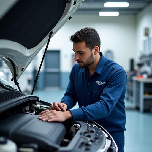 A certified technician carefully inspecting the engine of a family SUV in a clean, well-lit workshop.